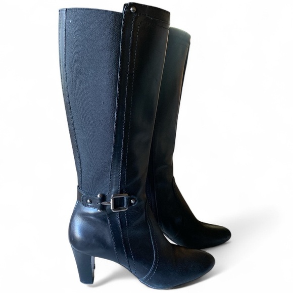 Anne Klein Black Leather Heeled Boots Knee High AKGAELYN 3” Heel Zipper Closure - Picture 1 of 9